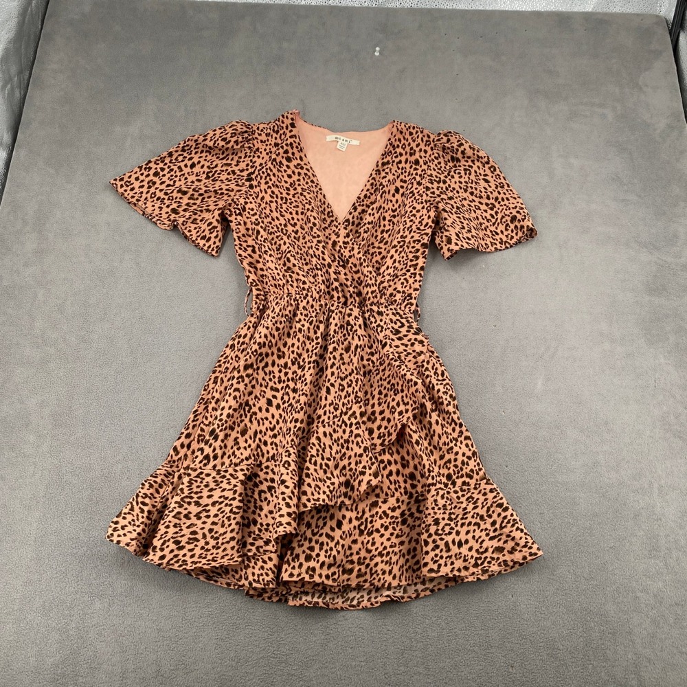 Mi Ami Leopard Print Ruffle Wrap Mini Dress XXS Pink Brown Animal Print Dress